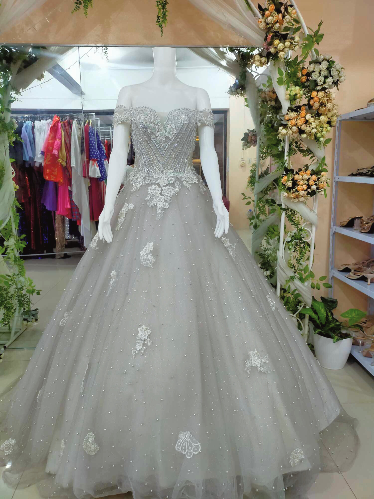 Gray Glittery Off-shoulder Ball Gown