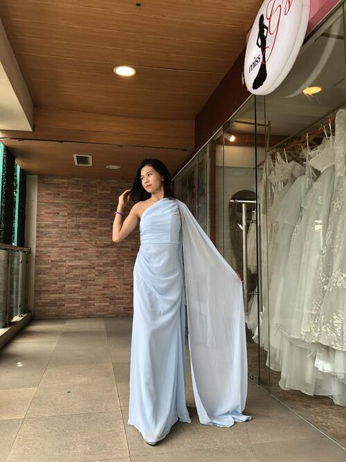 Powder Blue One Shoulder Chiffon Neckline Draped Long Gown