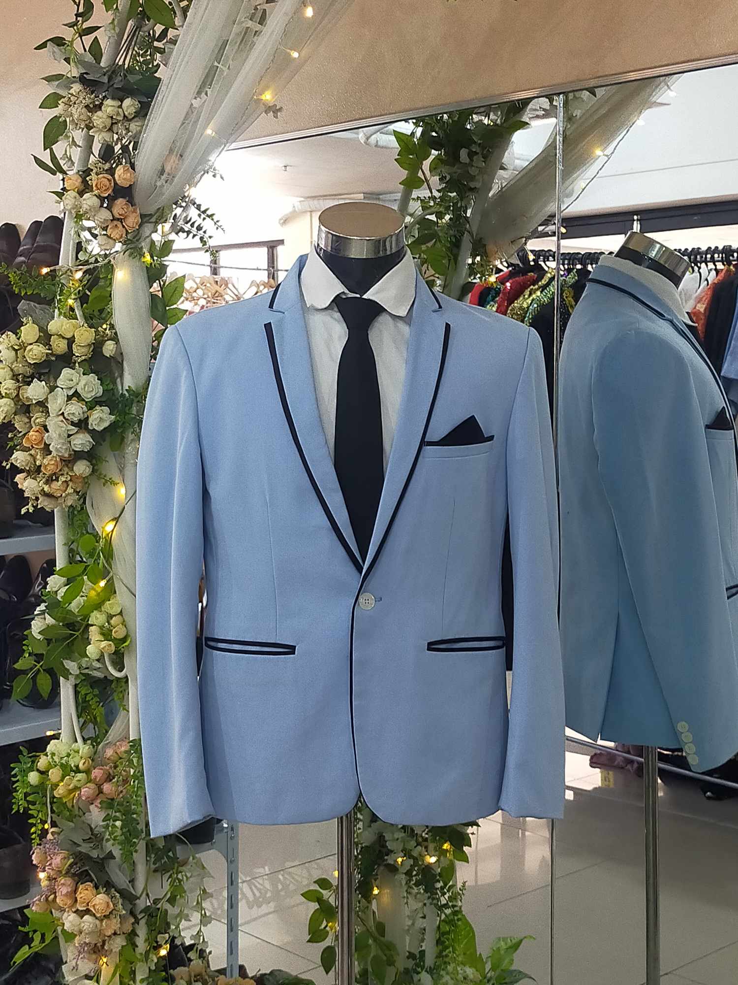 Veston Vip Plus Size Powder  Blue Black Ribbon Pocket Suit Tuxedo