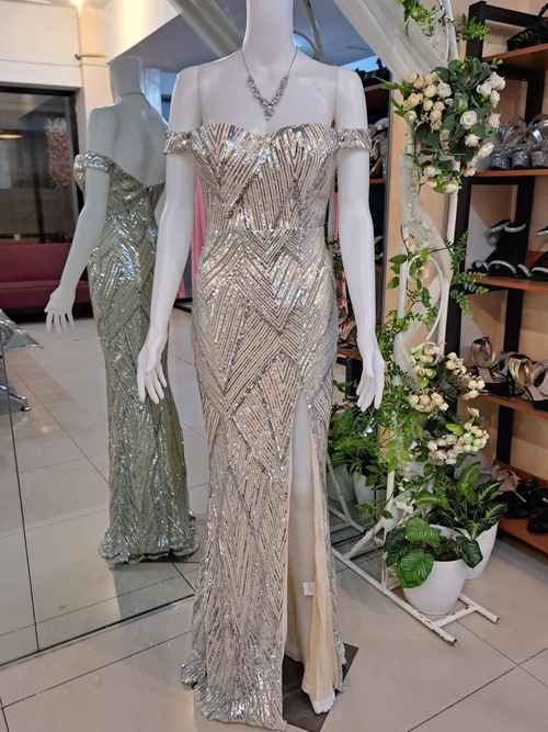 Silver Sexy Off shoulder Evening Gown