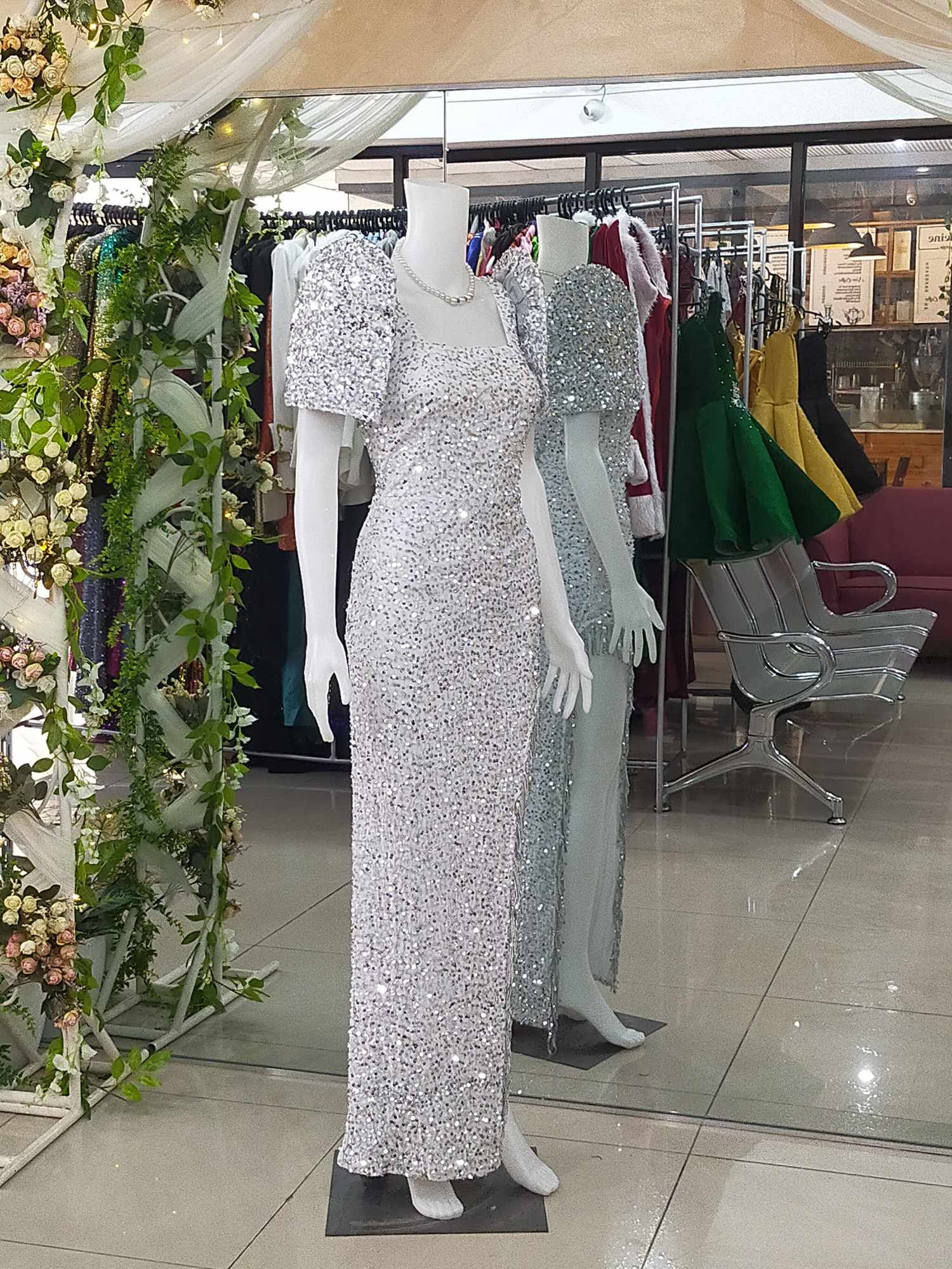 COMBI  White Puff Sleeve+White Sequins Modern Filipiniana Gown