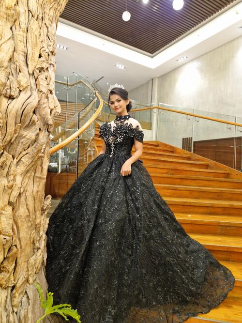 Black Off shoulder Beads Ball Gown