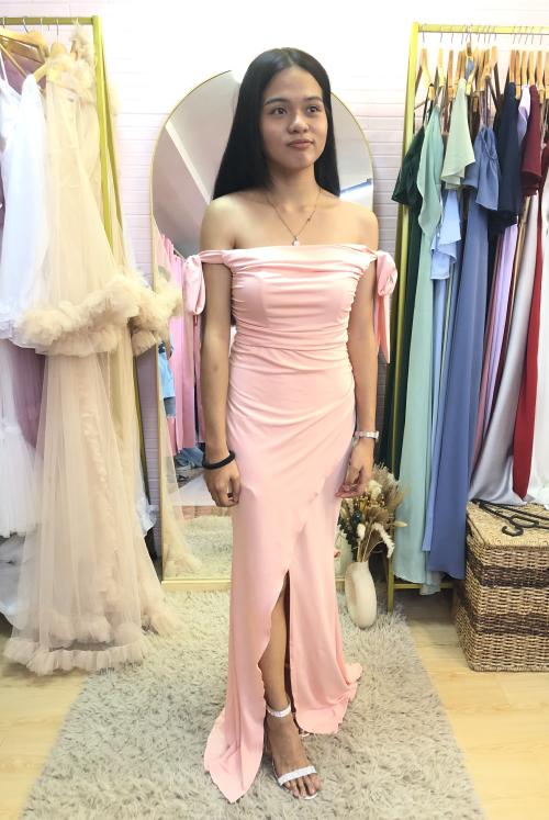 Pink Off Shoulder Knot Side Ruched Wrap Hem Bridesmaid Dress