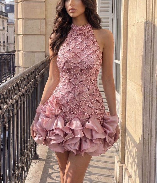 Rose Gold Halter Ruffle Cocktail Gown/ Dress