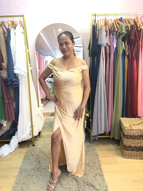 Plus Size Nude Off Shoulder High Slit Bridesmaid Long Gown