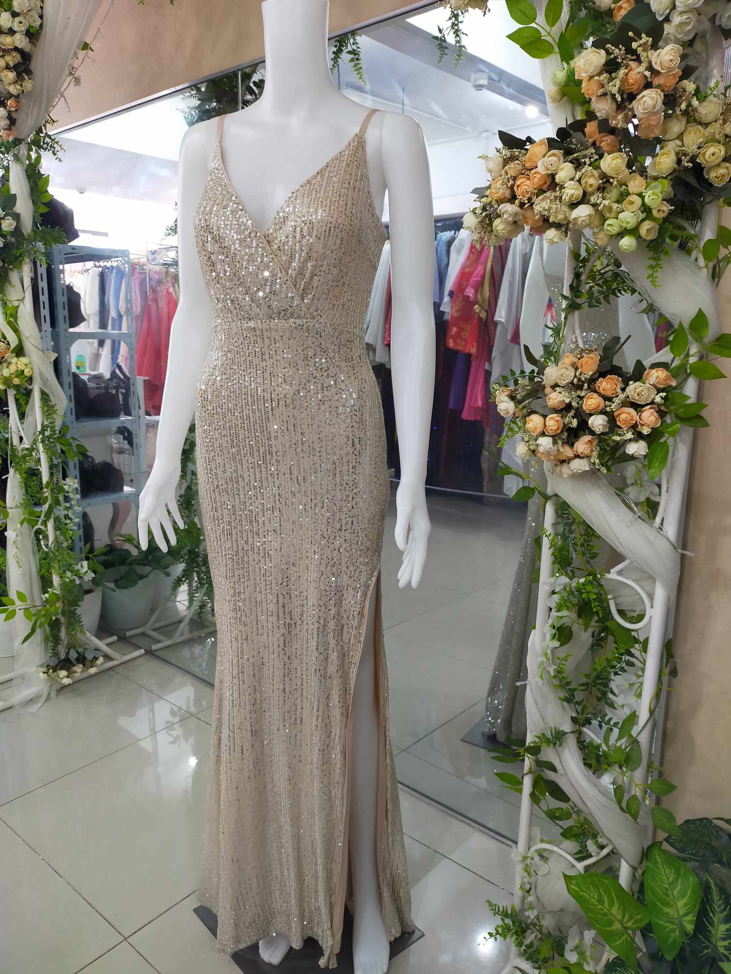Nude Apricot Full Sequins Glittery Spag Slit Long Gown (NO PADDING)