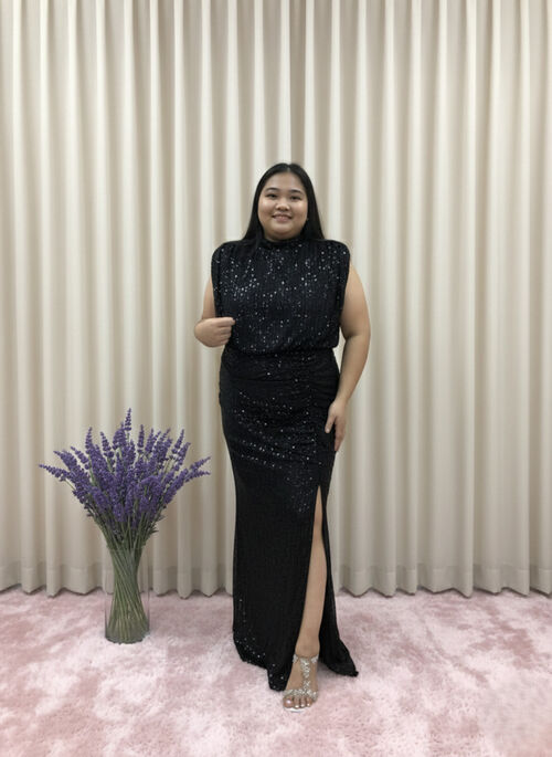 Plus Size Black Gown Mock Neck Sequins Belted Long Gown