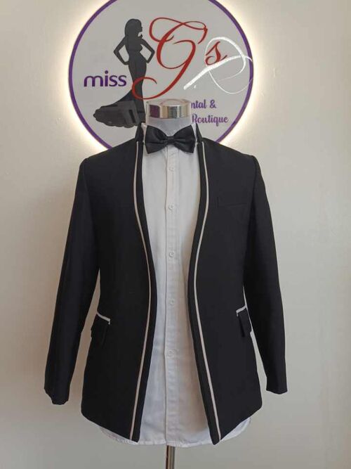 Black Mandarin Collar Three-piece Suit With White Piping
