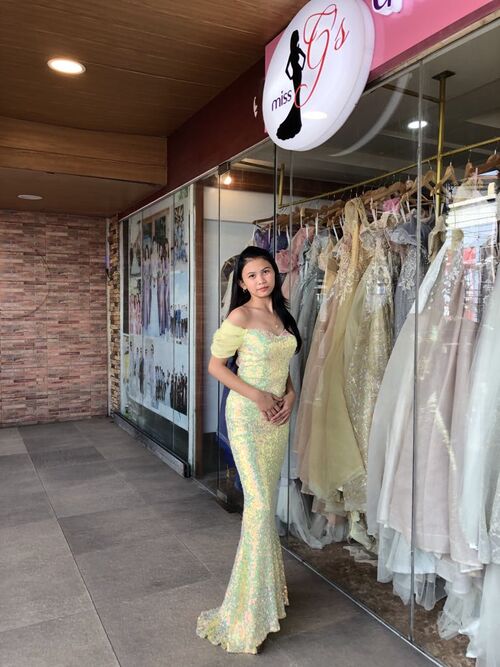 Yellow Glittery Ruffled Sleeve Long Gown