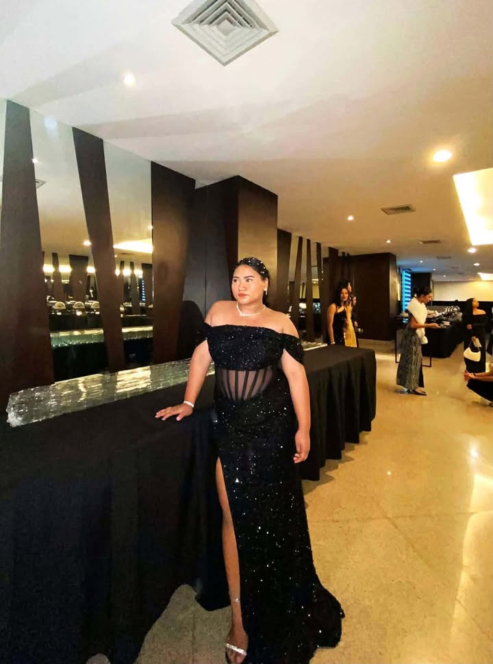 Black Sequin Corset OffShoulder Long Gown