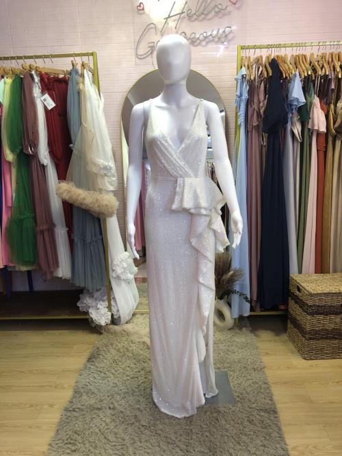 White Glittery Spag Ruffle Slit Long Gown