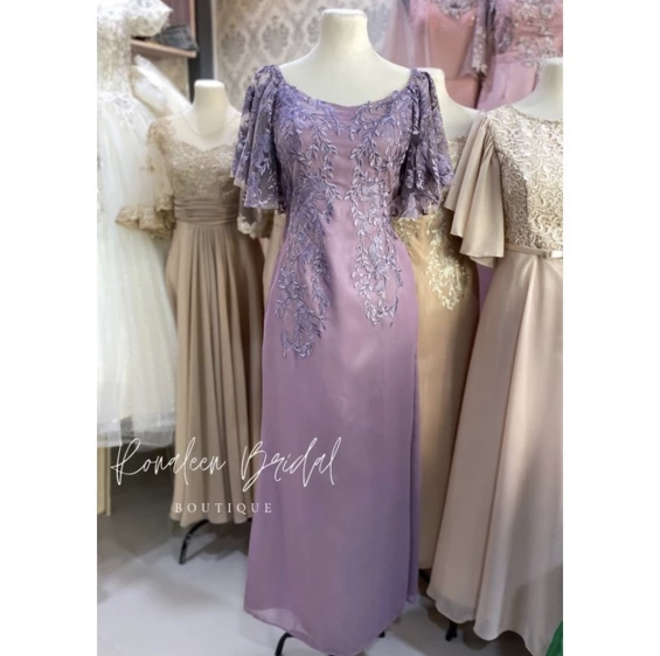 Mauve Free Sleeves Leaves Embroidery Mother Gown