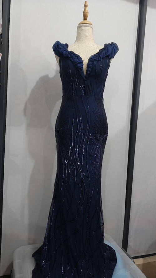 Navy Blue Shiny Ruffle Sleevee Off shoulder Glittery Gown