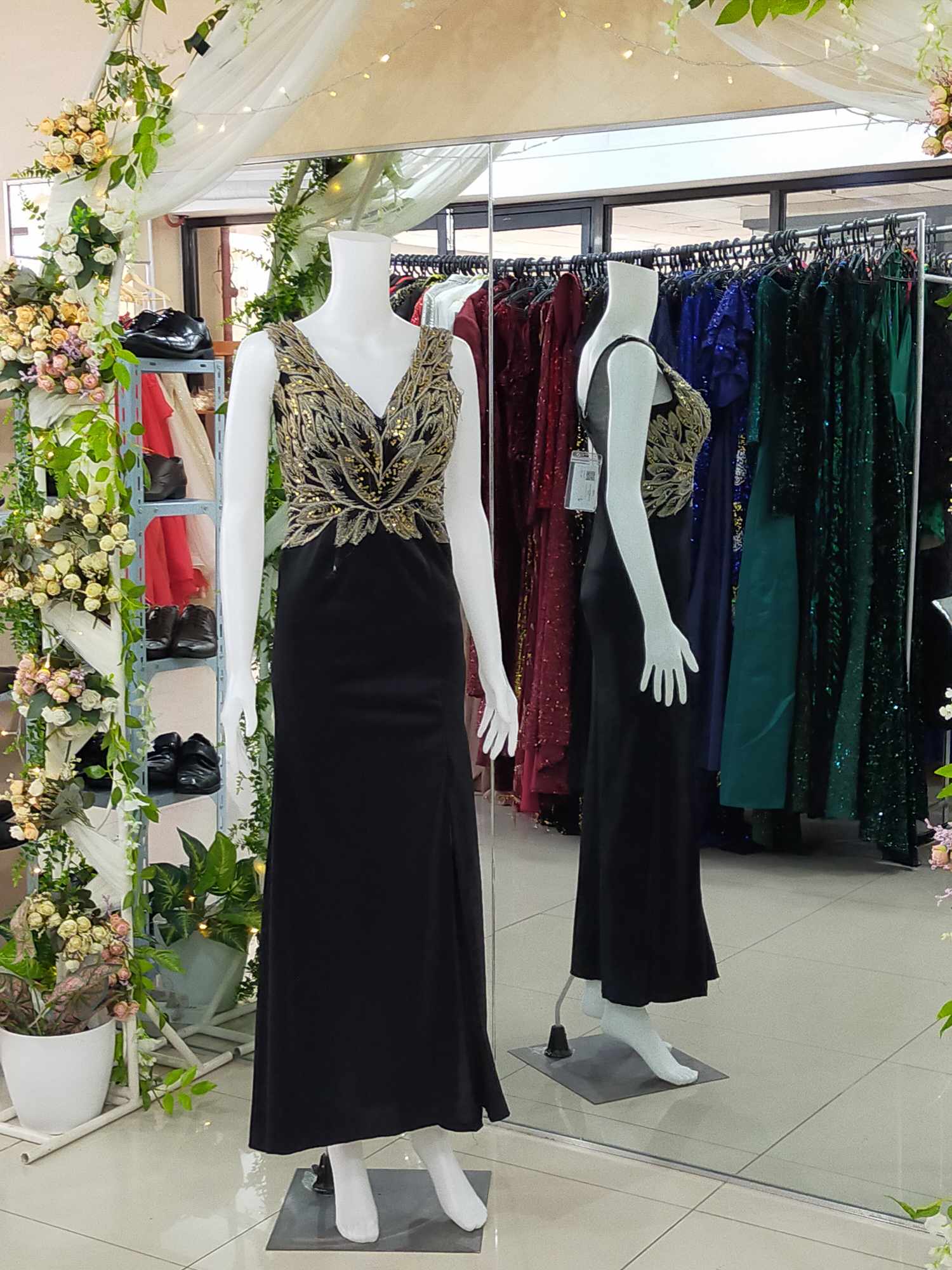 Black Gold Feather Slit Gown