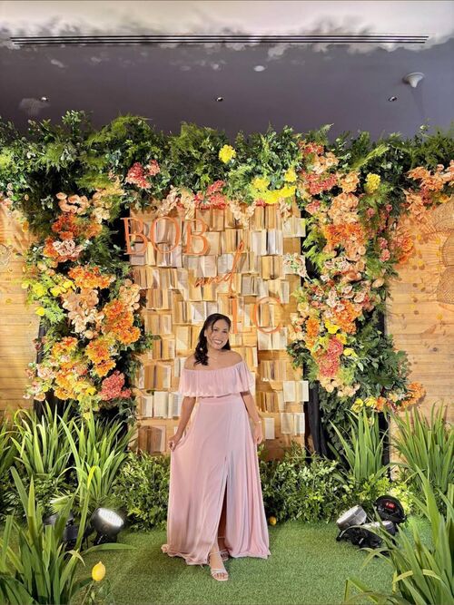 Light Peach Offshoulder Chiffon Slit Bridesmaid Gown