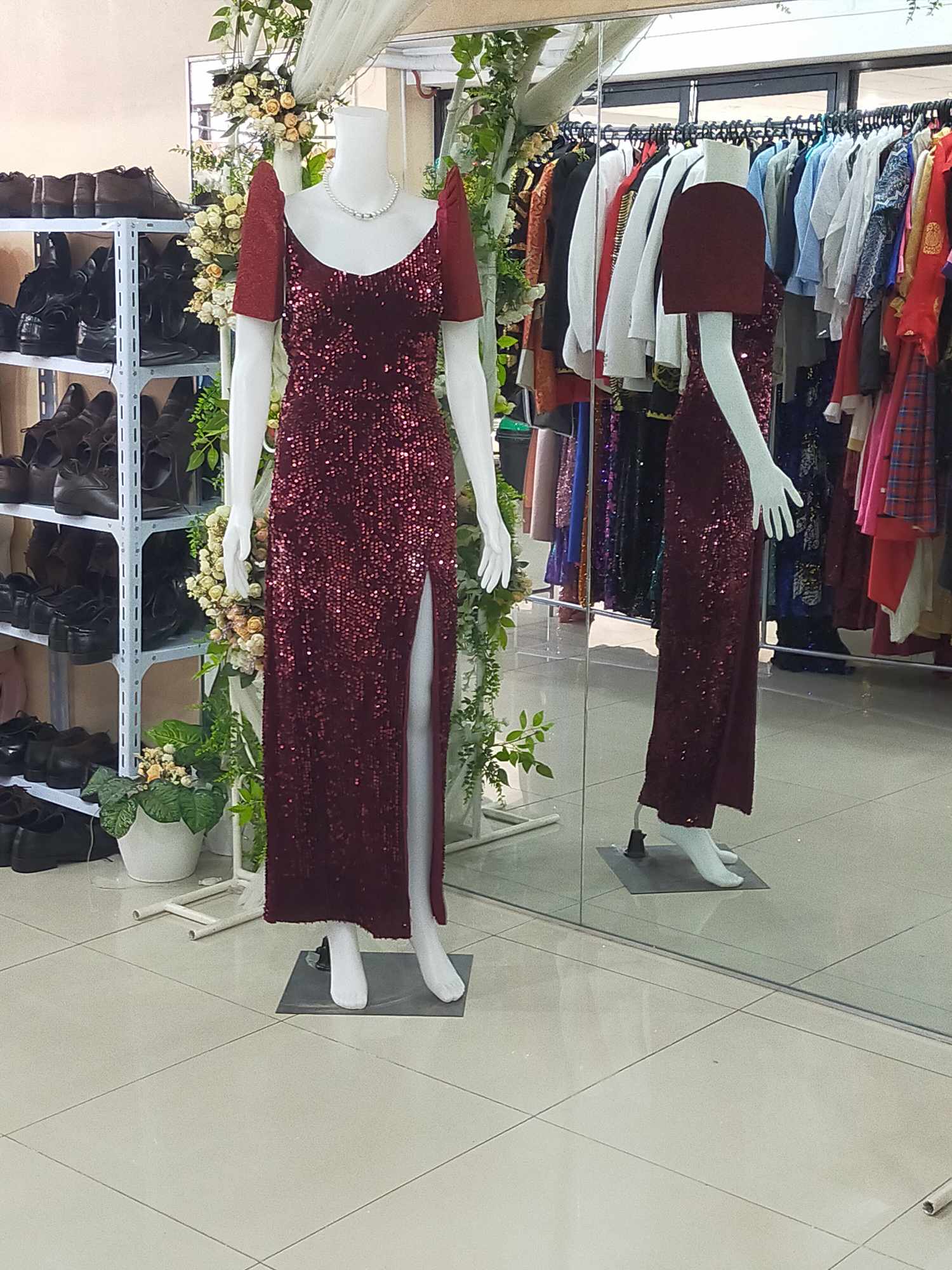 COMBI Maroon Candy Sleeves +Burgundy Sequins Glittery Modern Filipiniana Gown