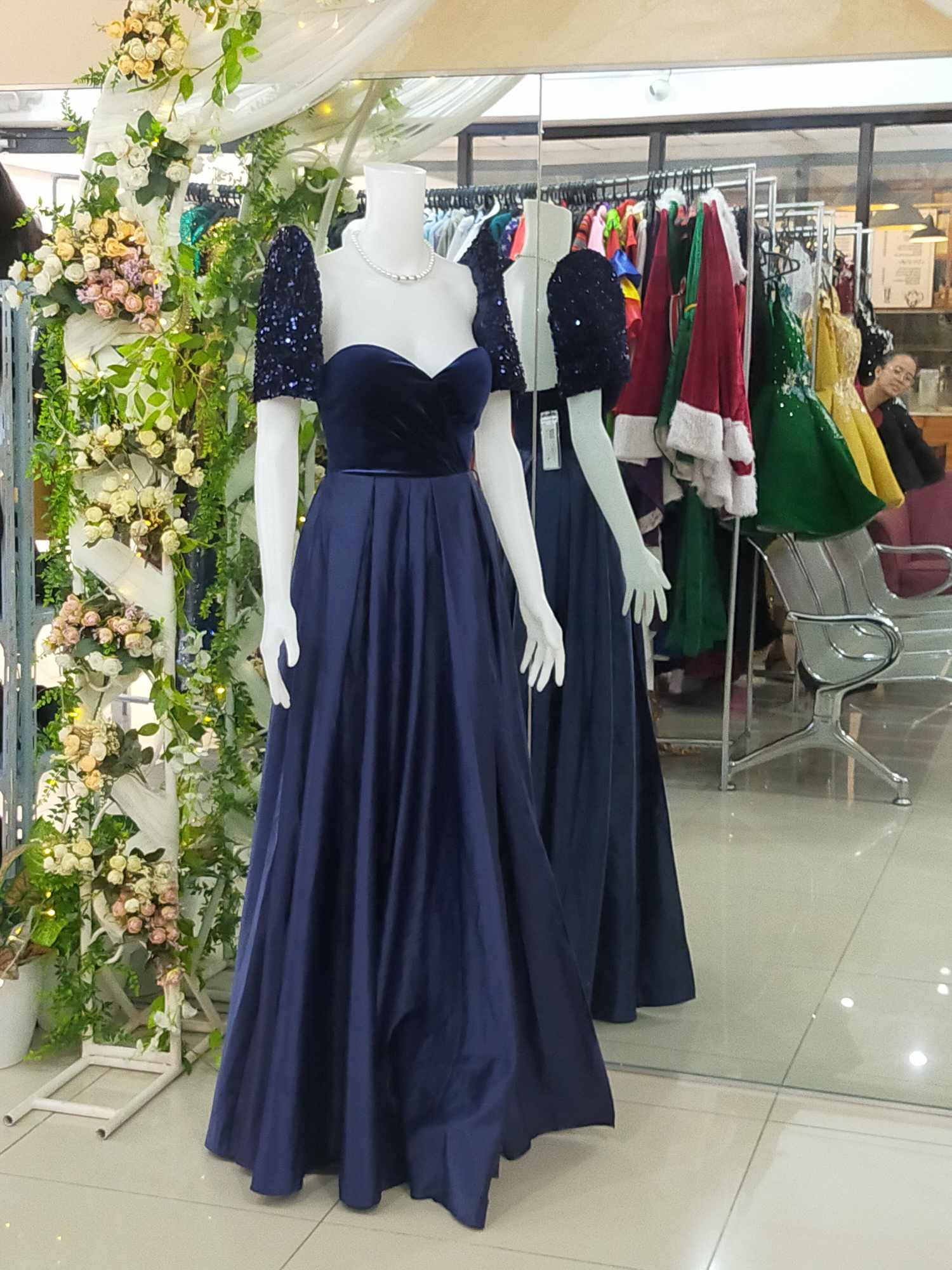 COMBI Navy Blue Sequins Puff+Navy Blue Modern Filipiniana Gown 