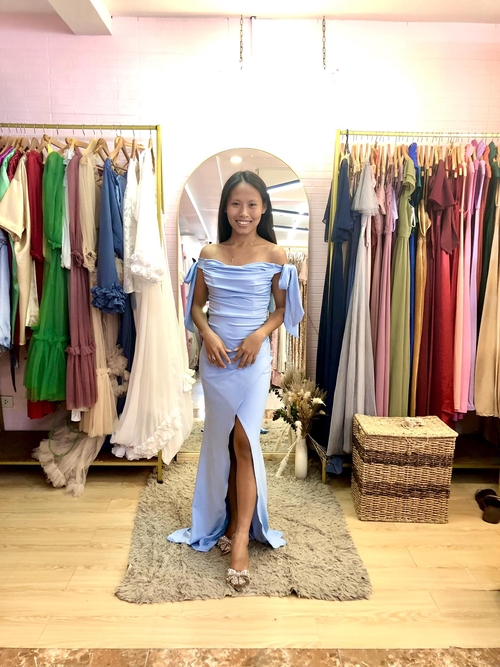 Powder Blue Off Shoulder Knot Side Ruched Wrap Hem Bridesmaid Dress