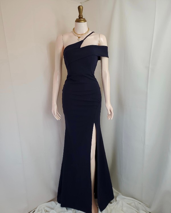 Navy Blue One Shoulder Sexy Split Long Gown