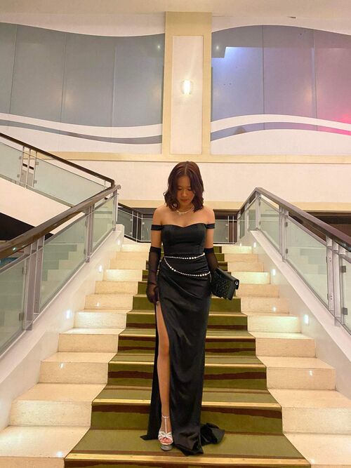 Black Satin Offshoulder Slit Gown