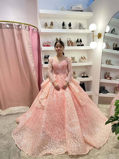 Pink Longsleeve V-Neck with White Branch Pattern and ruffle skirt Ball Gown