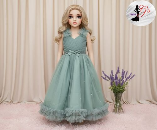 Sage Green Flower Girl Tulle Beads Kids Gown