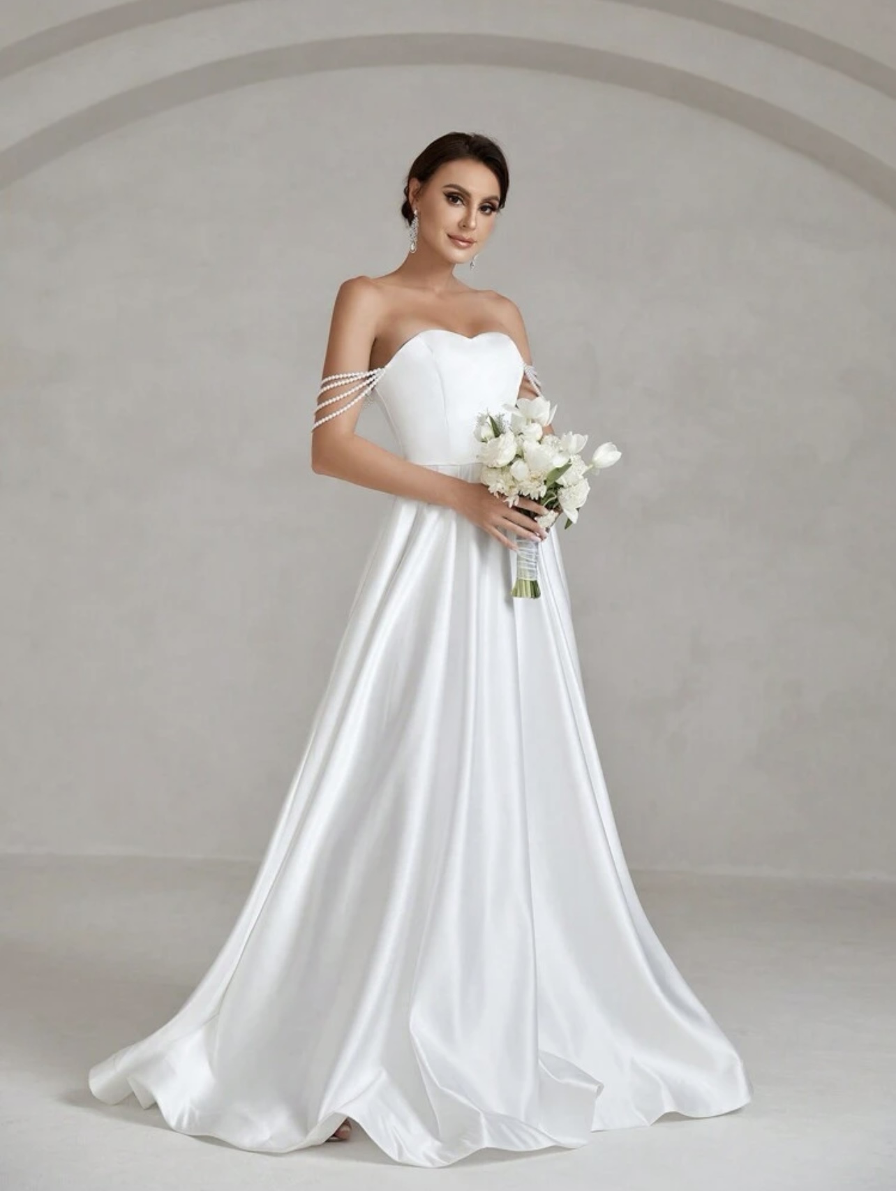White Satin Tube Beads Strap Flowy Wedding Gown