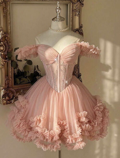 Peach Tulle Corset Cocktail Dress