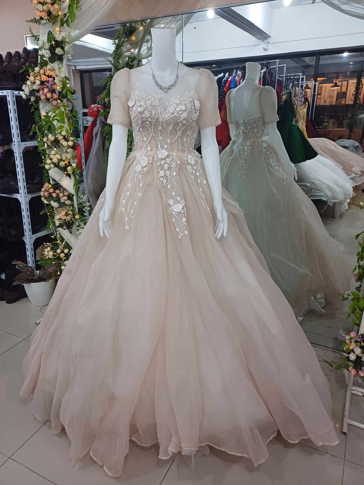 Square Neck Puff Sleeve Wedding Gown