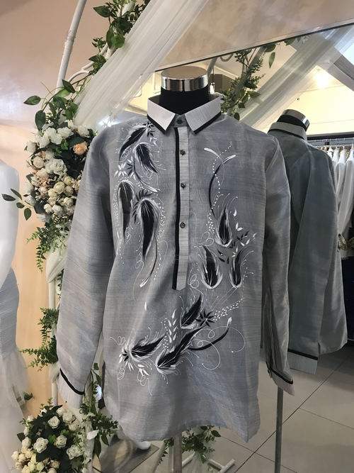 Light Gray Painted Leaves Modern Barong For Men