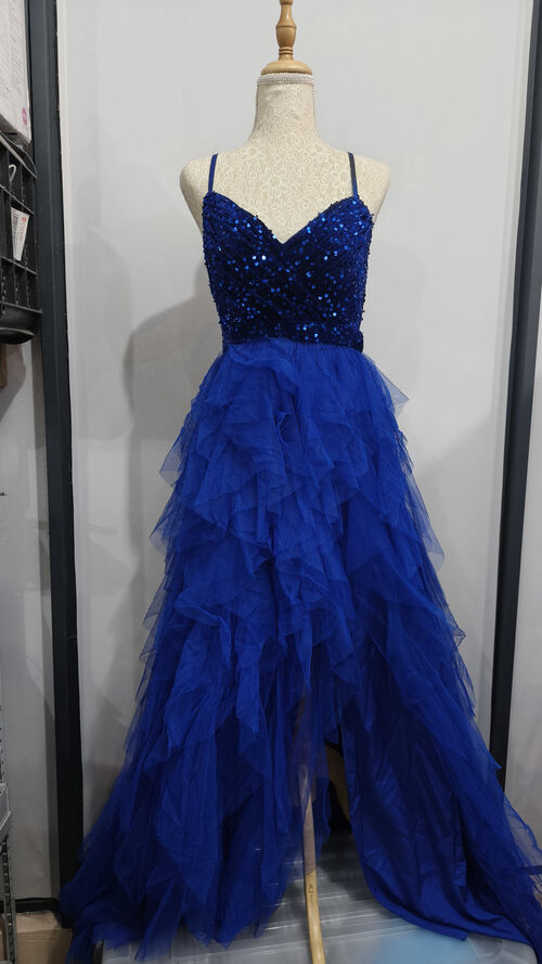 Royal Blue Sleeveless Sequins Top Ruffle Tulle Skirt Dress