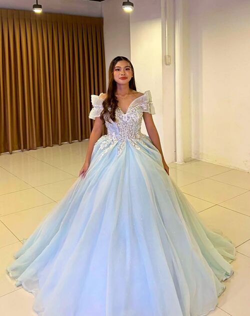 Dreamy Powder Blue Offshoulder Ball Gown