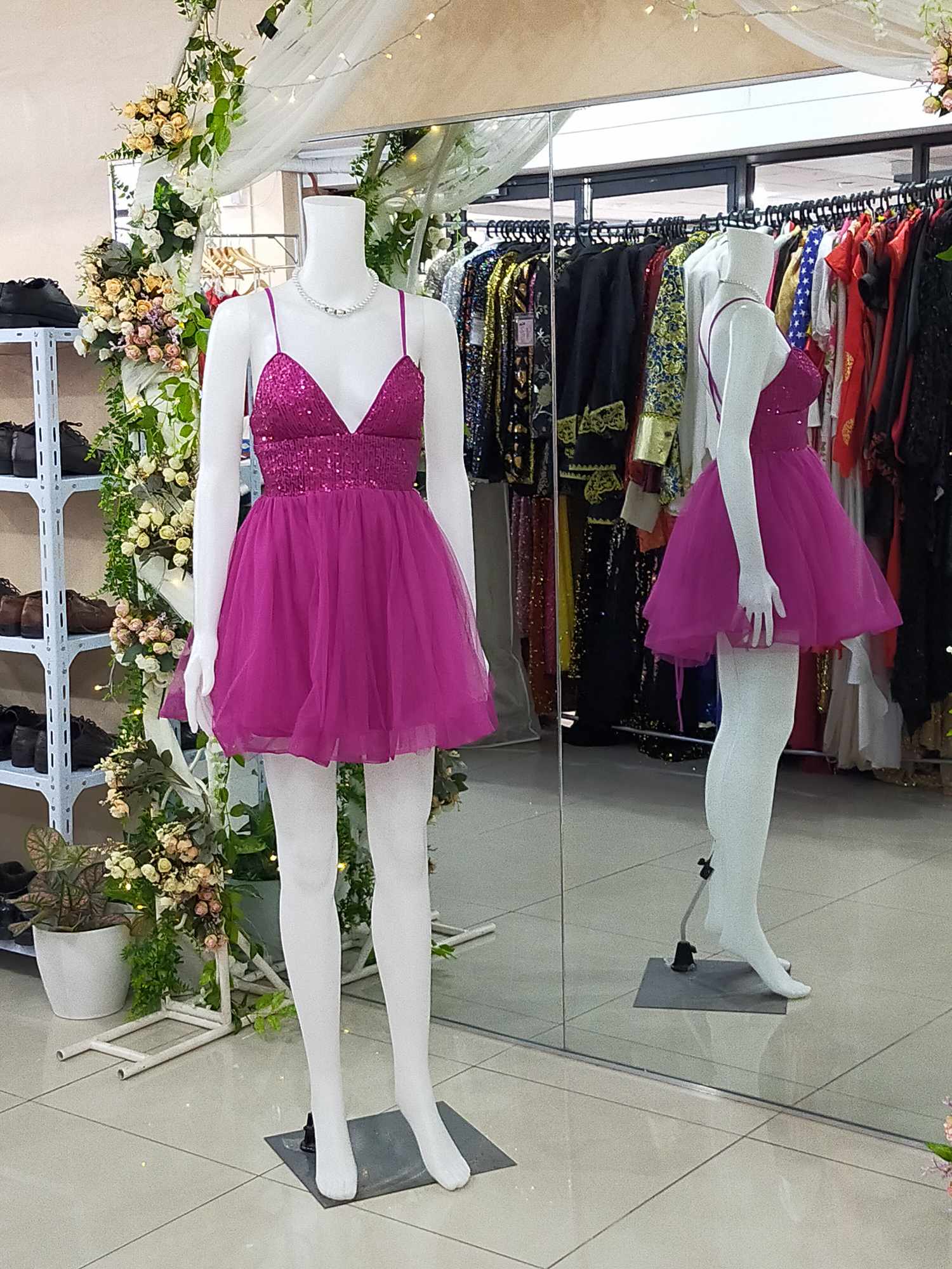 Hot Pink Mesh Sequins Glittery Cocktail Dress