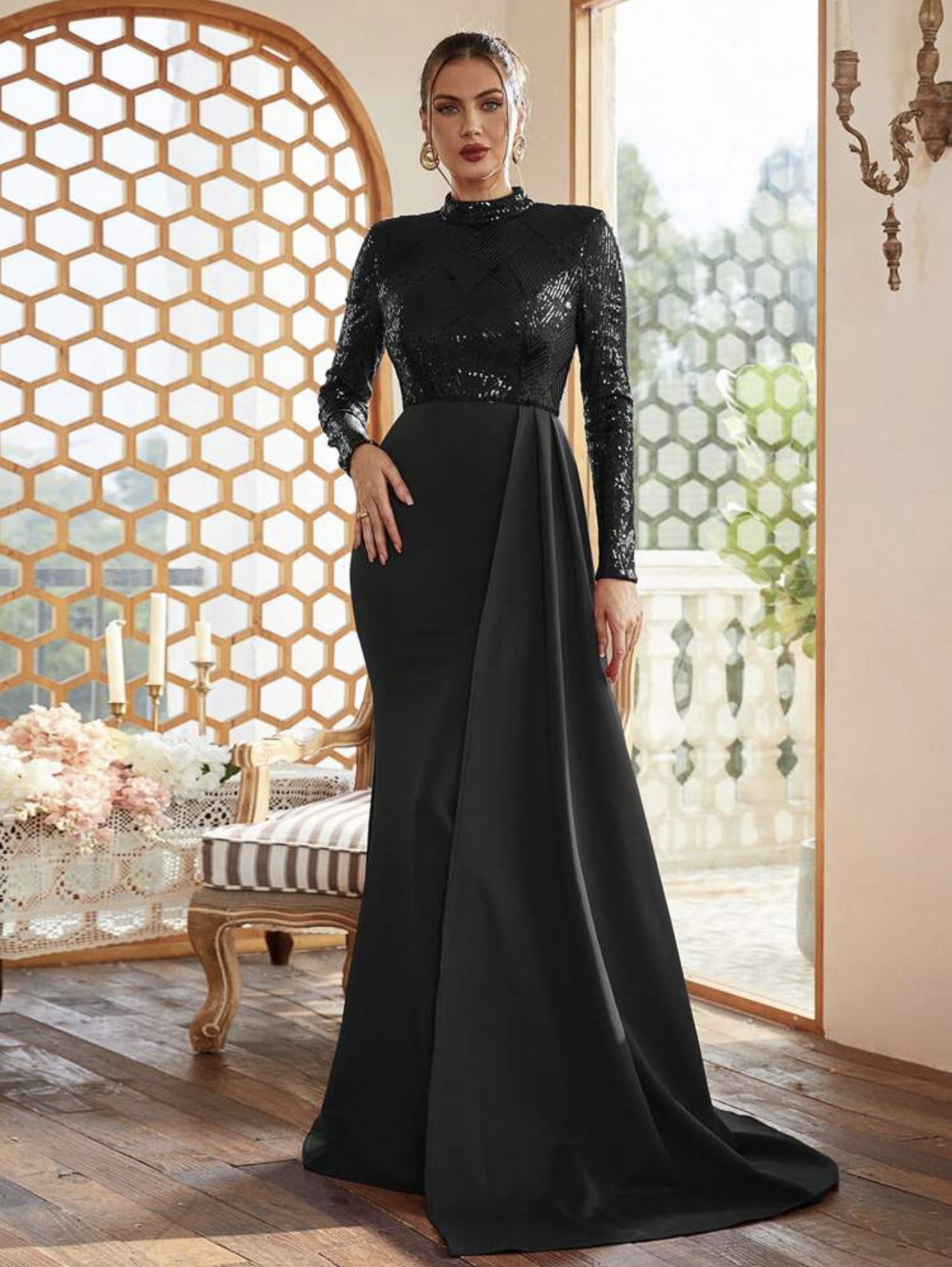 Plus Size Black Turtle Neck Sequins Glittery Ruffle Skirt Long Gown