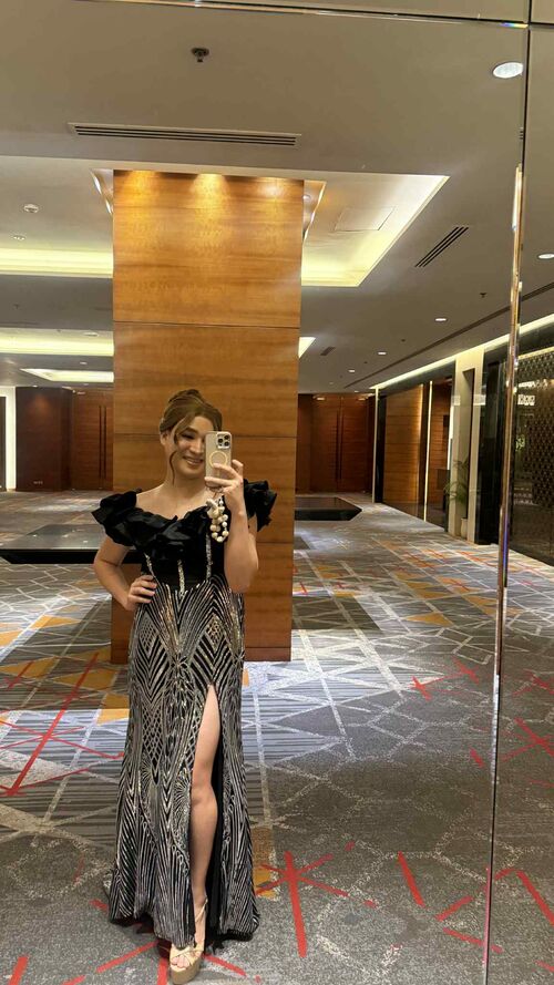 Plus Size Elegant Black Off Shoulder Multi-Layer Ruffle Long Gown