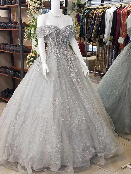 Offshoulder Gray Glittery Ball Gown