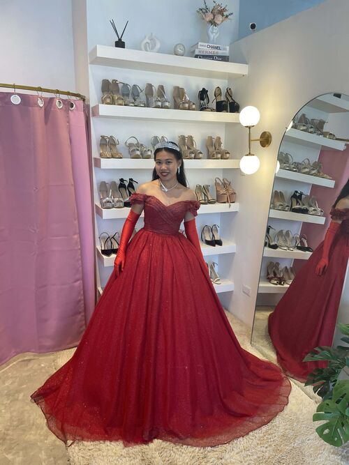 Elegant Maroon Offshoulder Ball Gown