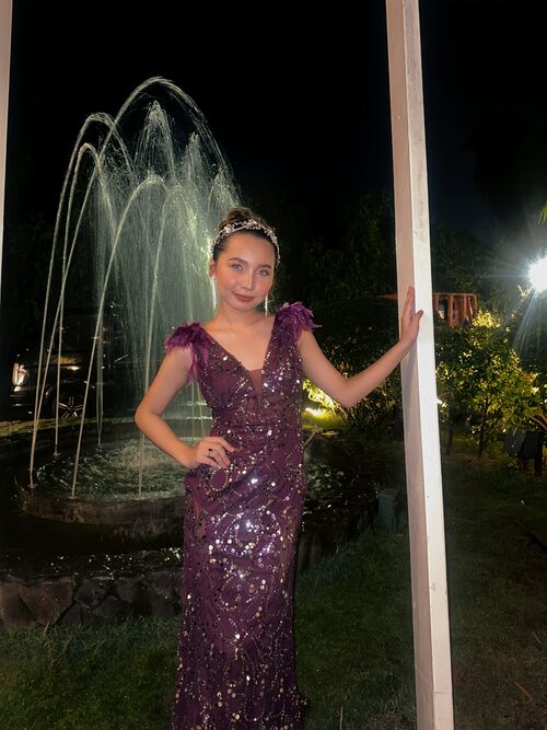 Plum Fantasy Feather Sequin Gown