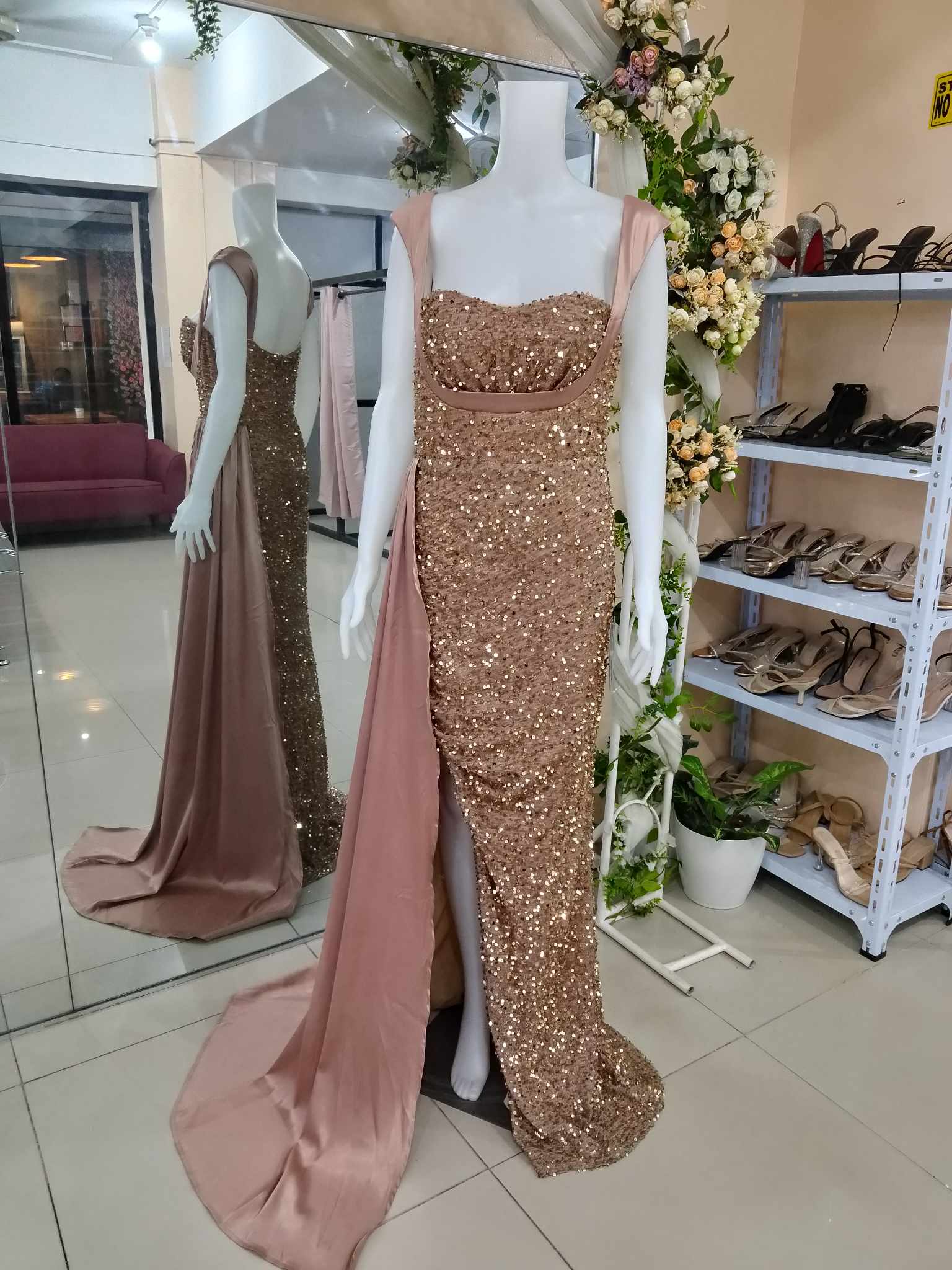 Rosegold Old Rose Apricot Sequins Glittery Satin Draped Gown