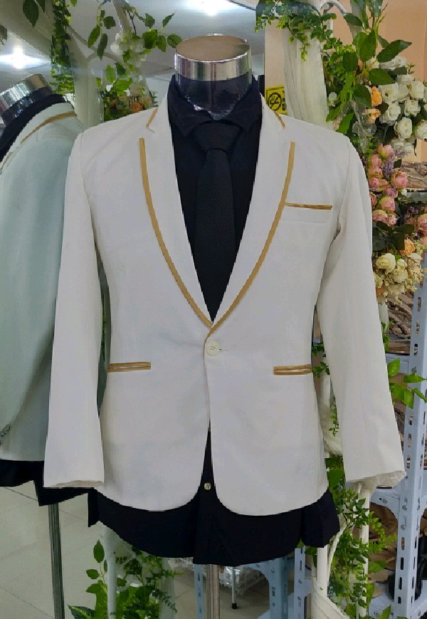 White One Button With Gold Lining Tuxedo Suit Set