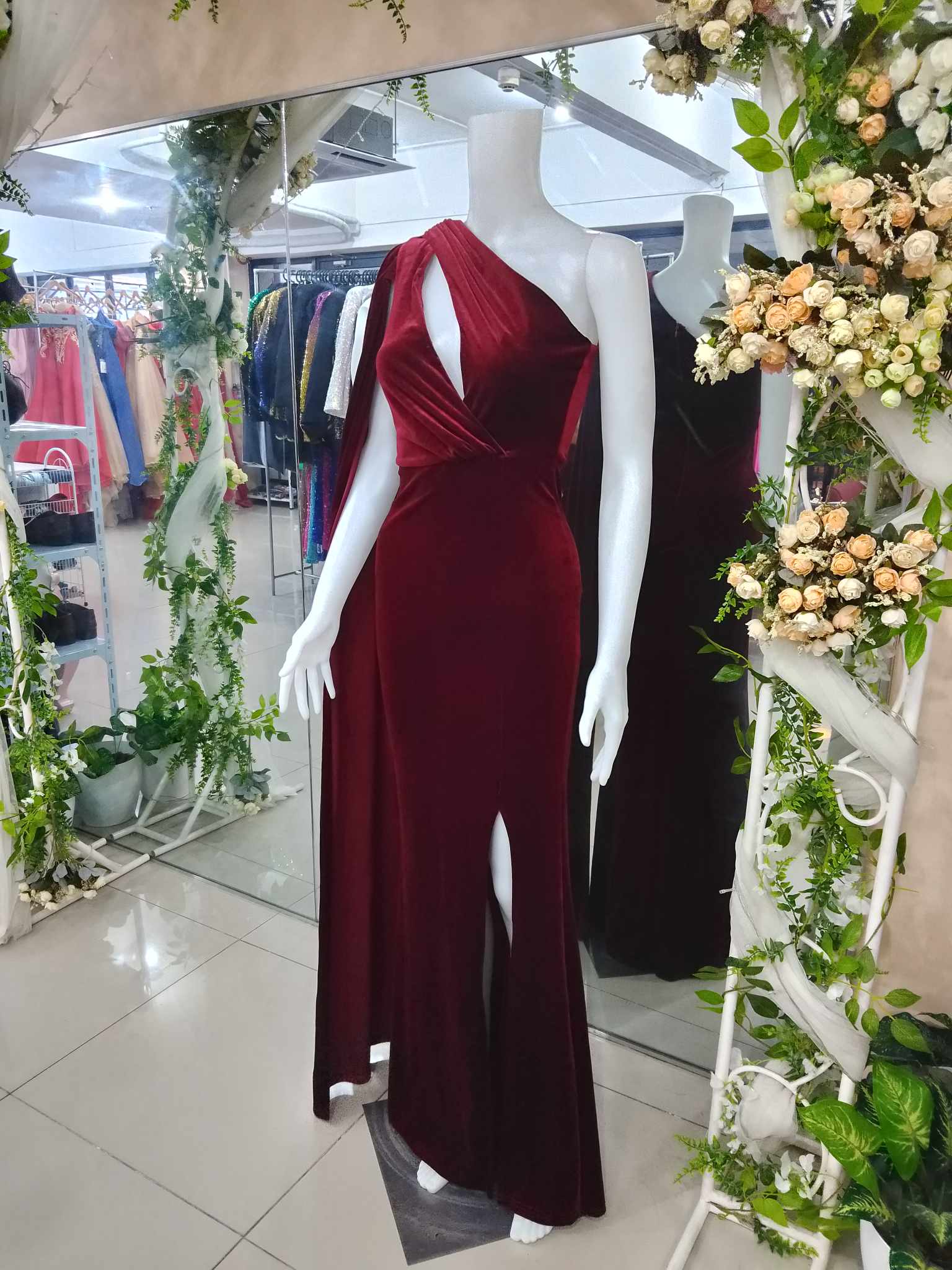 Burgundy One Shoulder Velvet Draped Gown