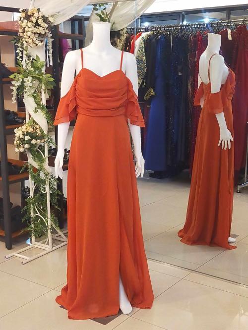 Burnt Orange Chiffon Spag Ruffle Shoulder Slit Bridesmaid Gown