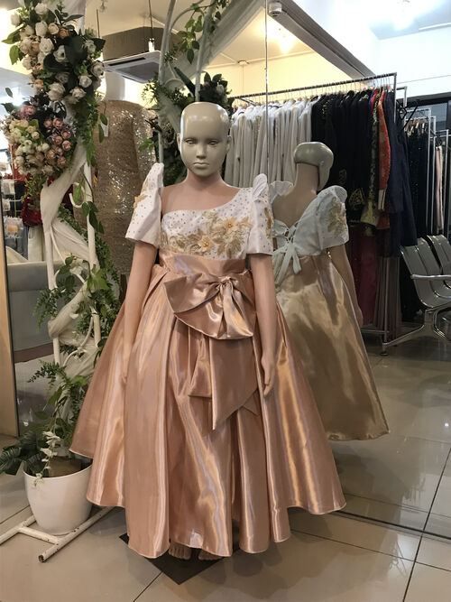 White top Nude Satin Skirt Filipiniana Dress For kids