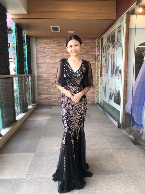Plus Size Black Gold Mesh Sleeves Sequins Glittery Mermaid Long Gown
