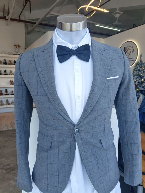 Grey Plaid KEN with White Pocket Suit Set
