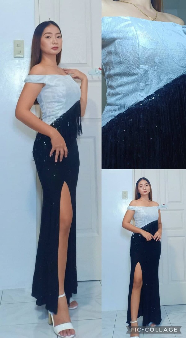White Black Tassel Offshoulder Slit Gown