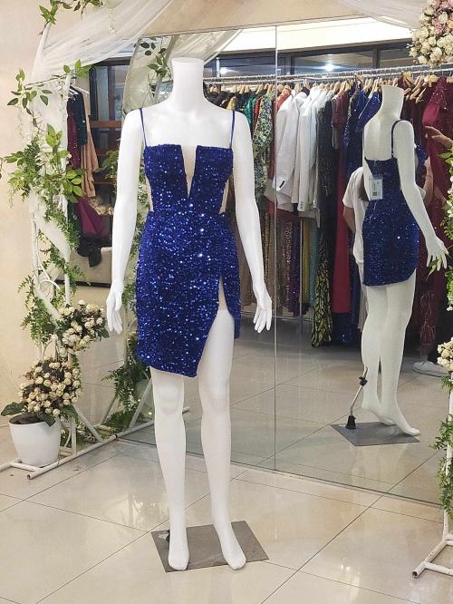 Royal Blue Spaghetti Strap Side Mesh Sequins Glittery Cocktail Dress