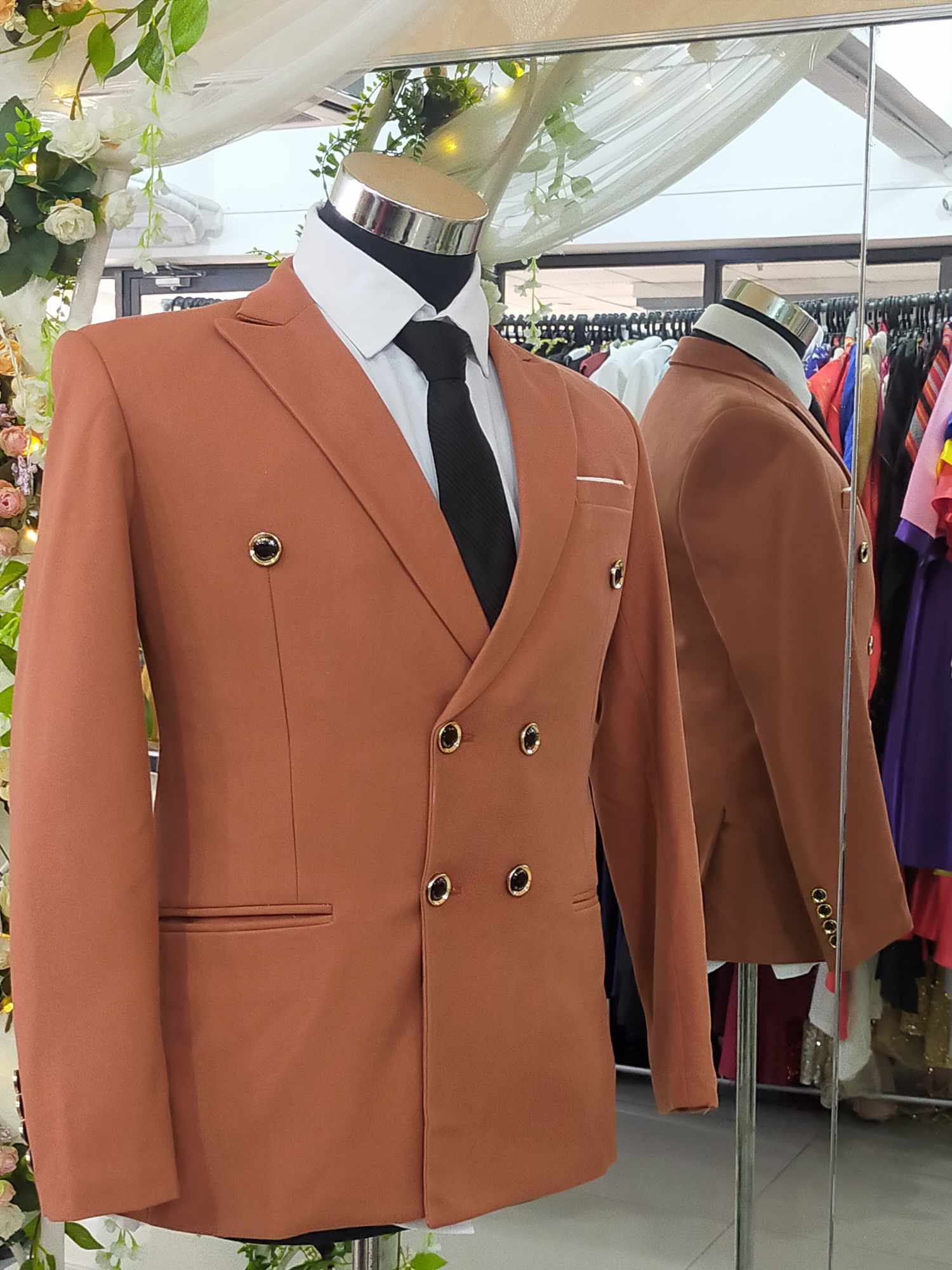 Burnt Orange 6 buttons White Line Pocket Men Tuxedo Suit