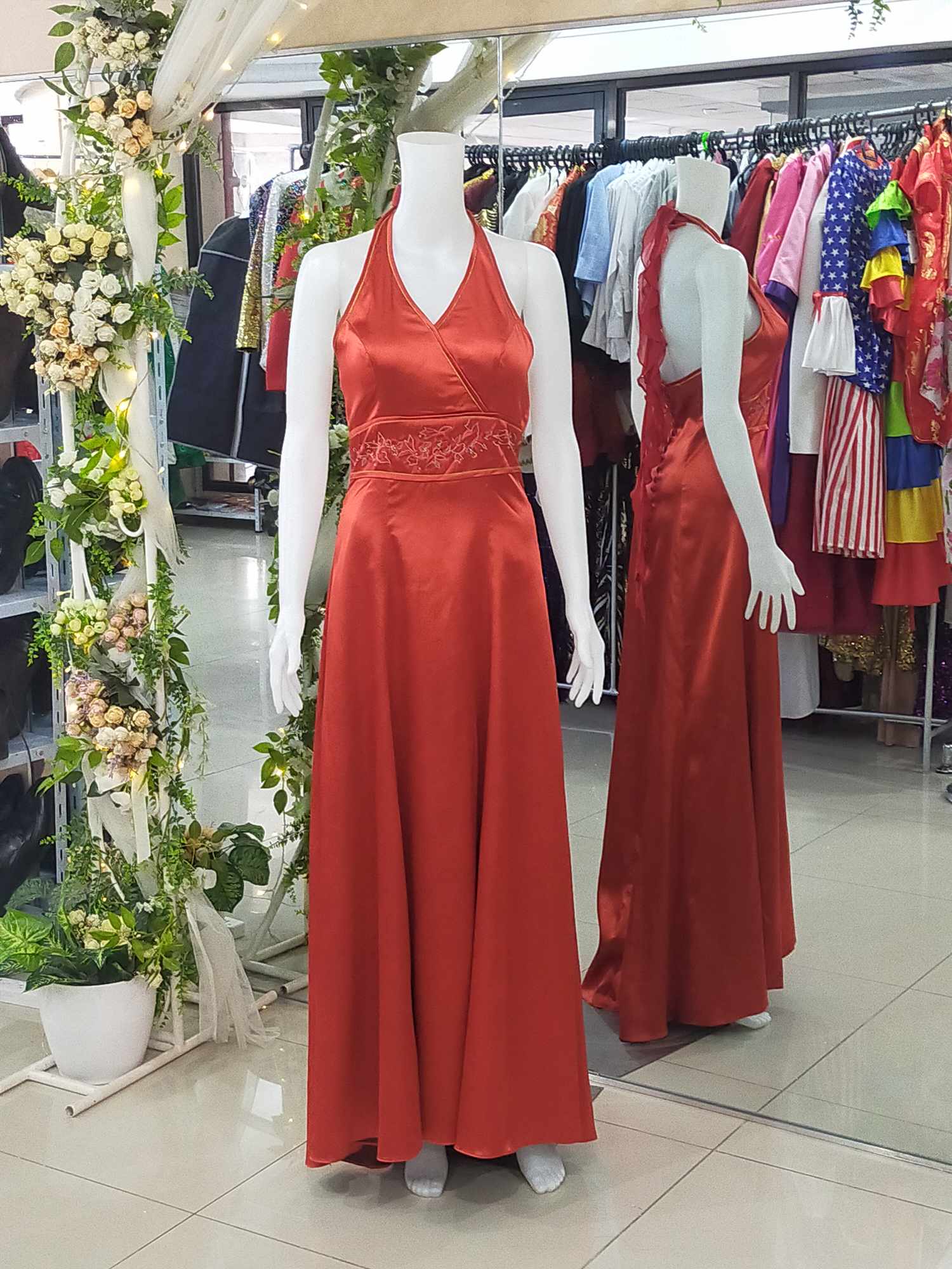 Red Halter Satin Flowy Gown