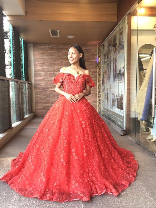Red Offshoulder Ball Gown Fully Embroidered Details